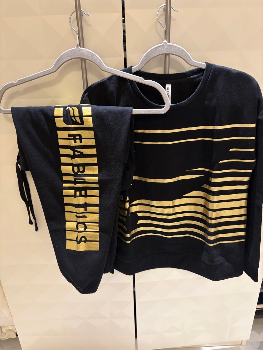 Fabletics Black Crewneck Sweatshirt and Pants with Gold Stripes and Logo